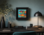 Tableau peinture abstrait moderne Écrin Néon™ installé dans un bureau contemporain avec décoration design minimaliste et ambiance artistique