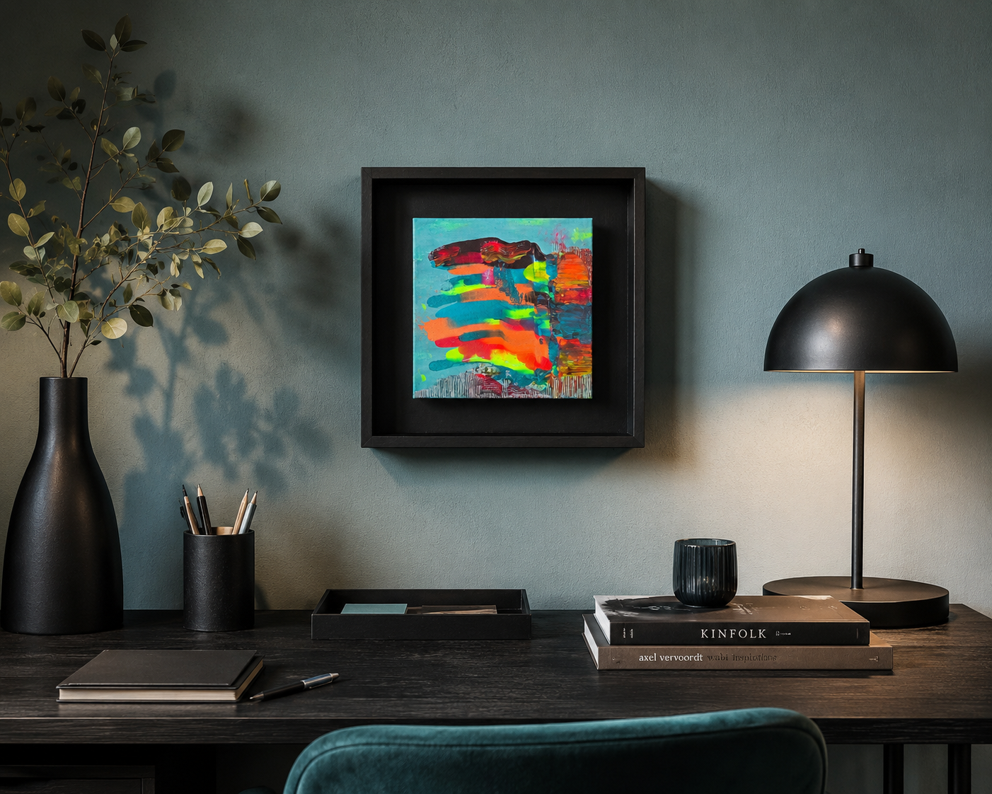 Tableau peinture abstrait moderne Écrin Néon™ installé dans un bureau contemporain avec décoration design minimaliste et ambiance artistique