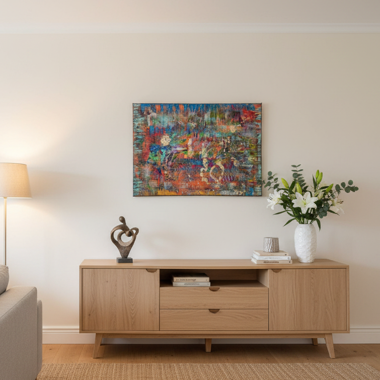 Tableau abstrait moderne coloré accroché au dessus dun meuble bois dans un intérieur contemporain élégant