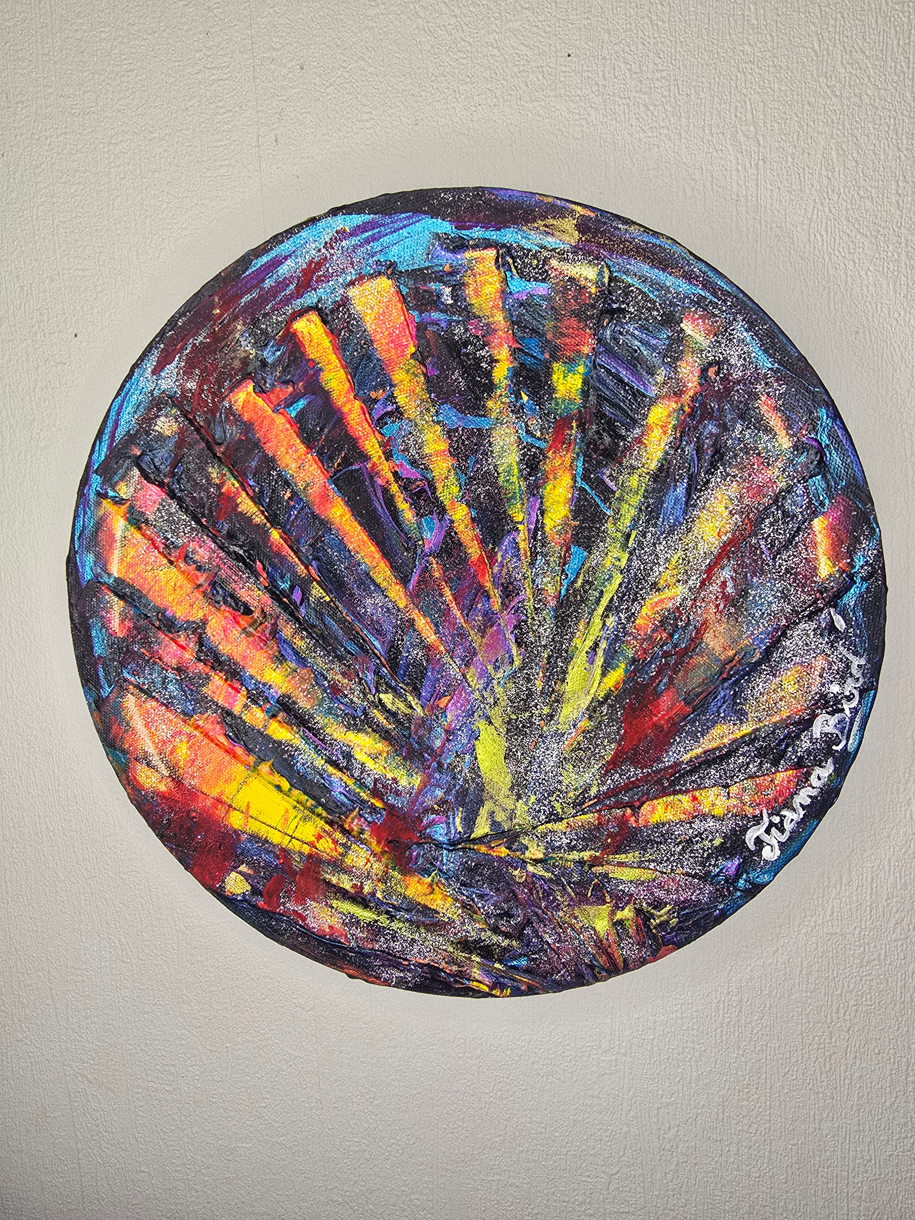 Tableau abstrait moderne rond pour décoration murale, œuvre colorée expressive et contemporaine