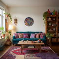 Tableau abstrait rond coloré Éruption Chromatique™ accroché dans un salon moderne avec canapé et décoration artistique