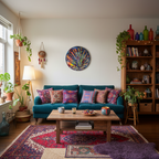 Tableau abstrait rond coloré Éruption Chromatique™ accroché dans un salon moderne avec canapé et décoration artistique