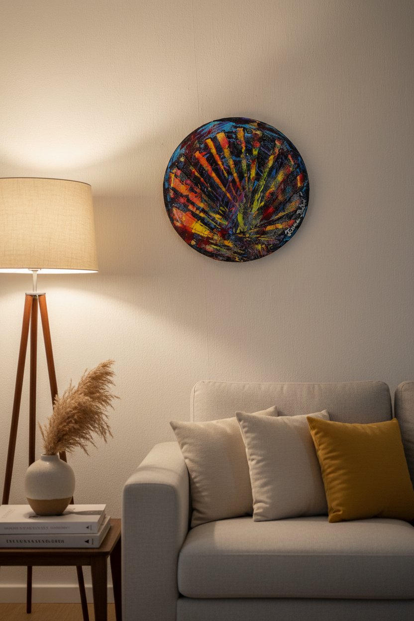 Tableau abstrait rond coloré dans un intérieur minimaliste, œuvre artistique moderne aux couleurs vibrantes