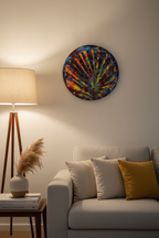 Tableau abstrait rond coloré dans un intérieur minimaliste, œuvre artistique moderne aux couleurs vibrantes