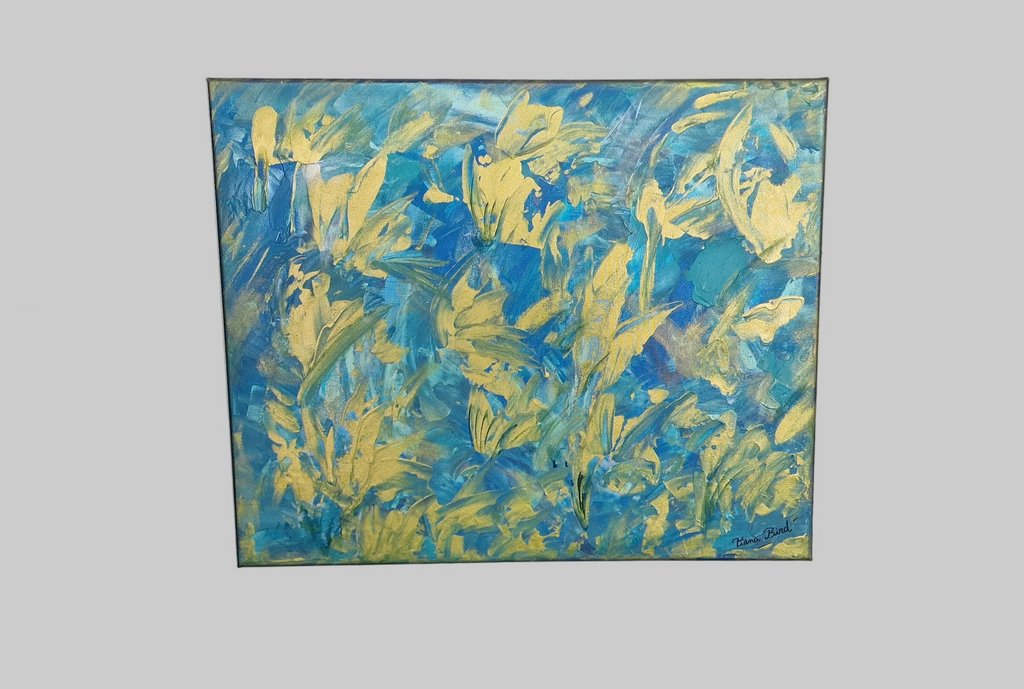 Vue laterale du tableau abstrait bleu et or montrant la toile montee sur chassis bois émotion fortes couleurs douces.