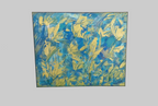 Vue laterale du tableau abstrait bleu et or montrant la toile montee sur chassis bois émotion fortes couleurs douces.