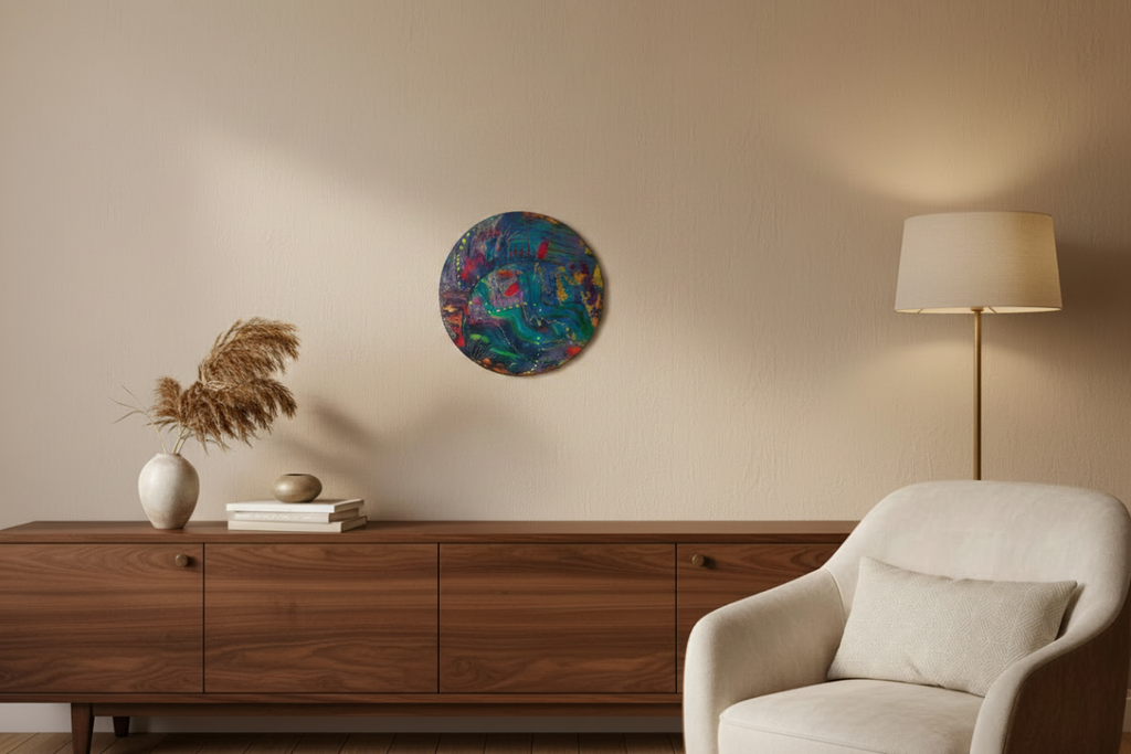 tableau abstrait acrylique rond sur mur clair interieur design