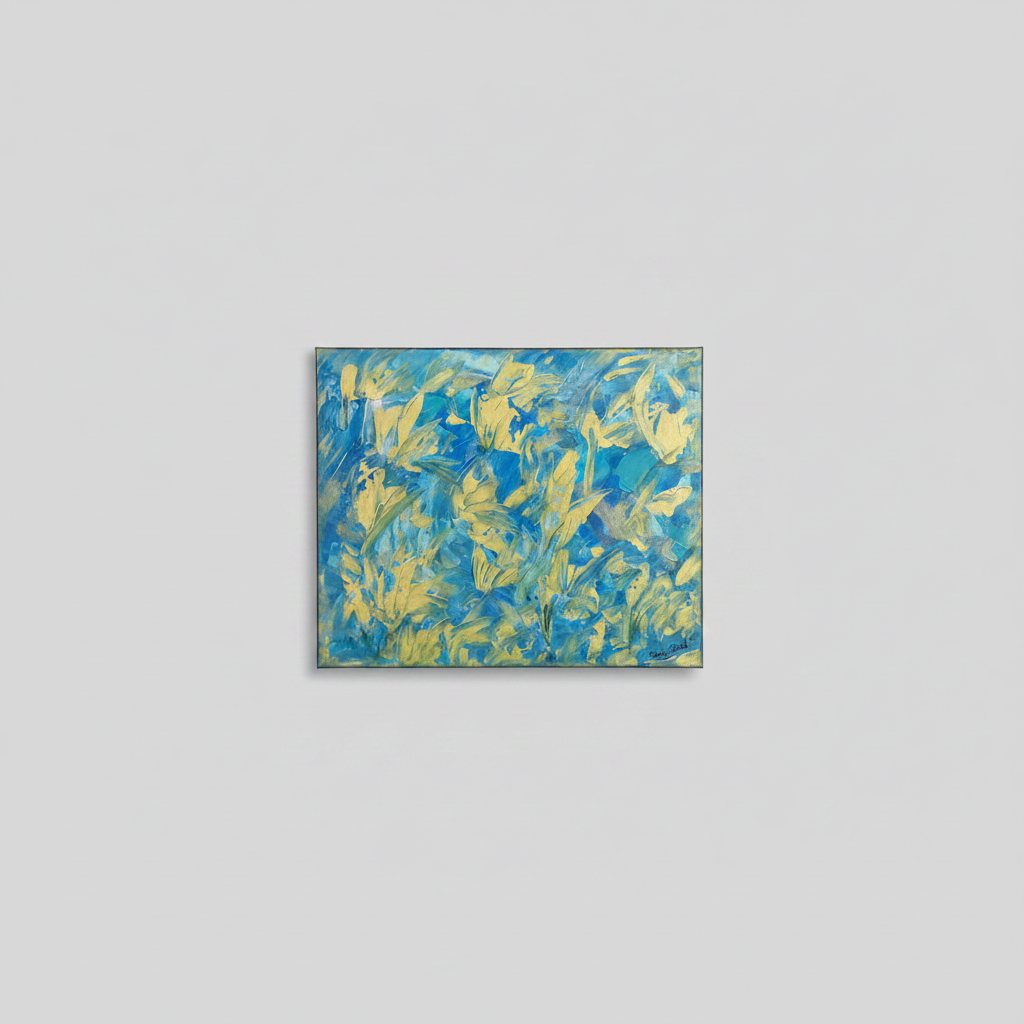Vue inclinee d un tableau contemporain bleu et or peint a la main sur toile peiture original de Tianabird