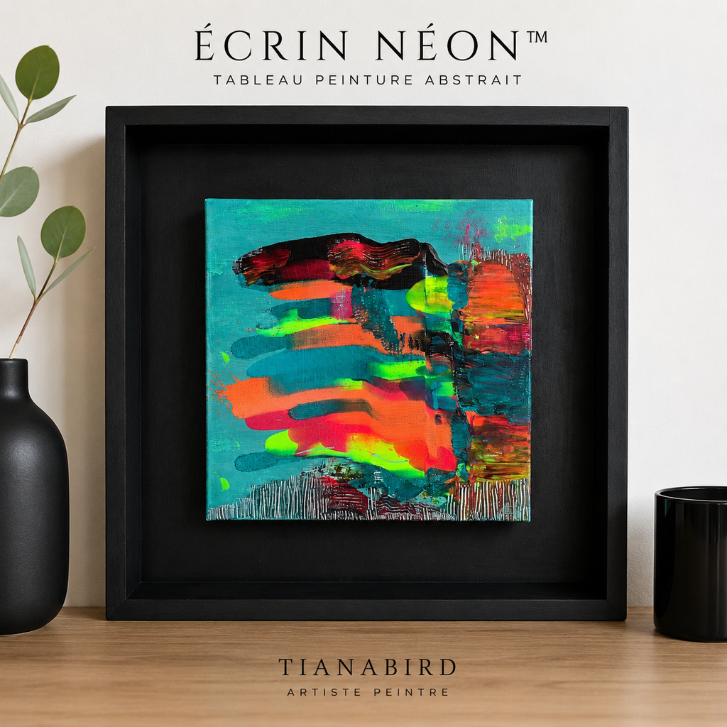 Tableau peinture abstrait contemporain encadré Écrin Néon™ avec couleurs néon vibrantes et cadre bois noir dans une décoration intérieure moderne