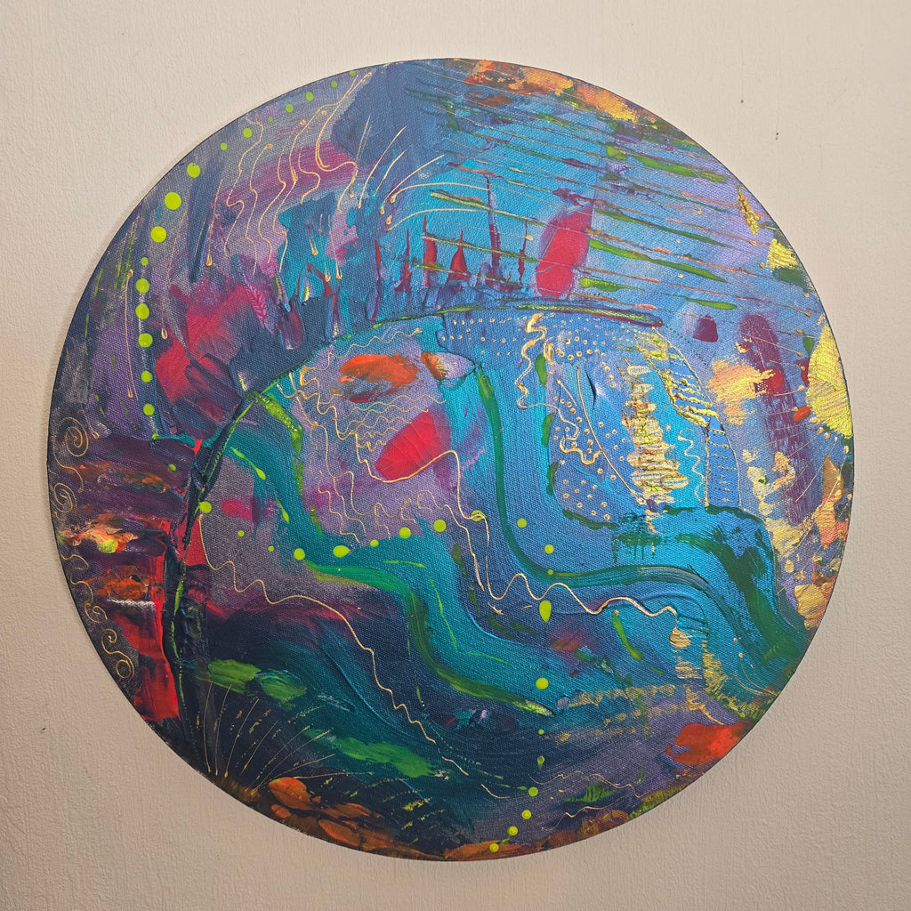 detail tableau peinture abstraite acrylique bleu vert et touches dorees