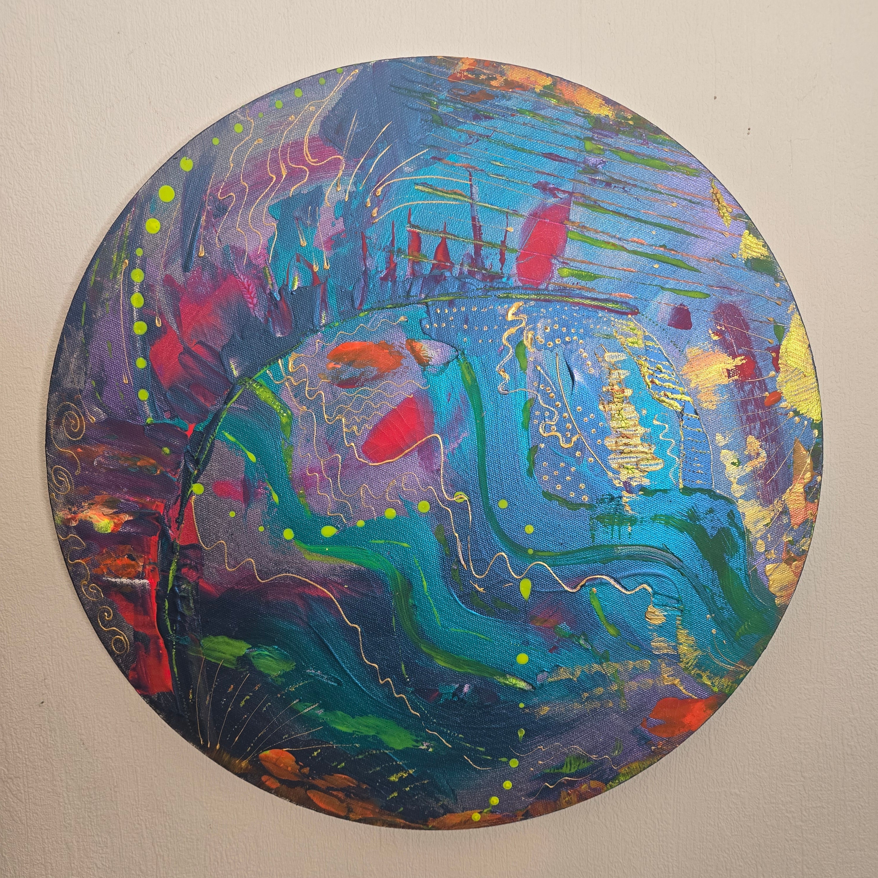 detail tableau peinture abstraite acrylique bleu vert et touches dorees