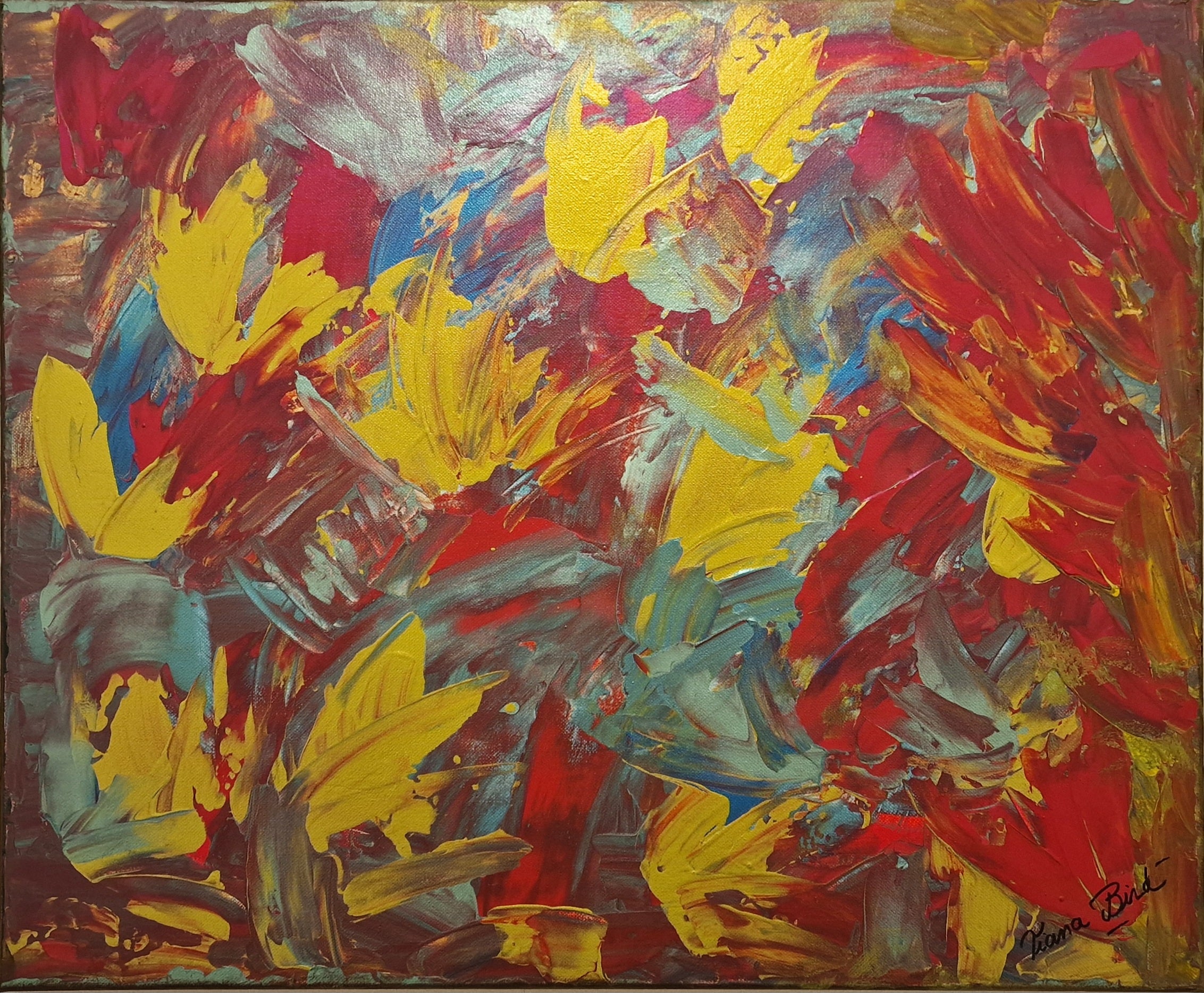 Tableau abstrait coloré fait par Tiana Bird en peinture acrylique sur toile coton