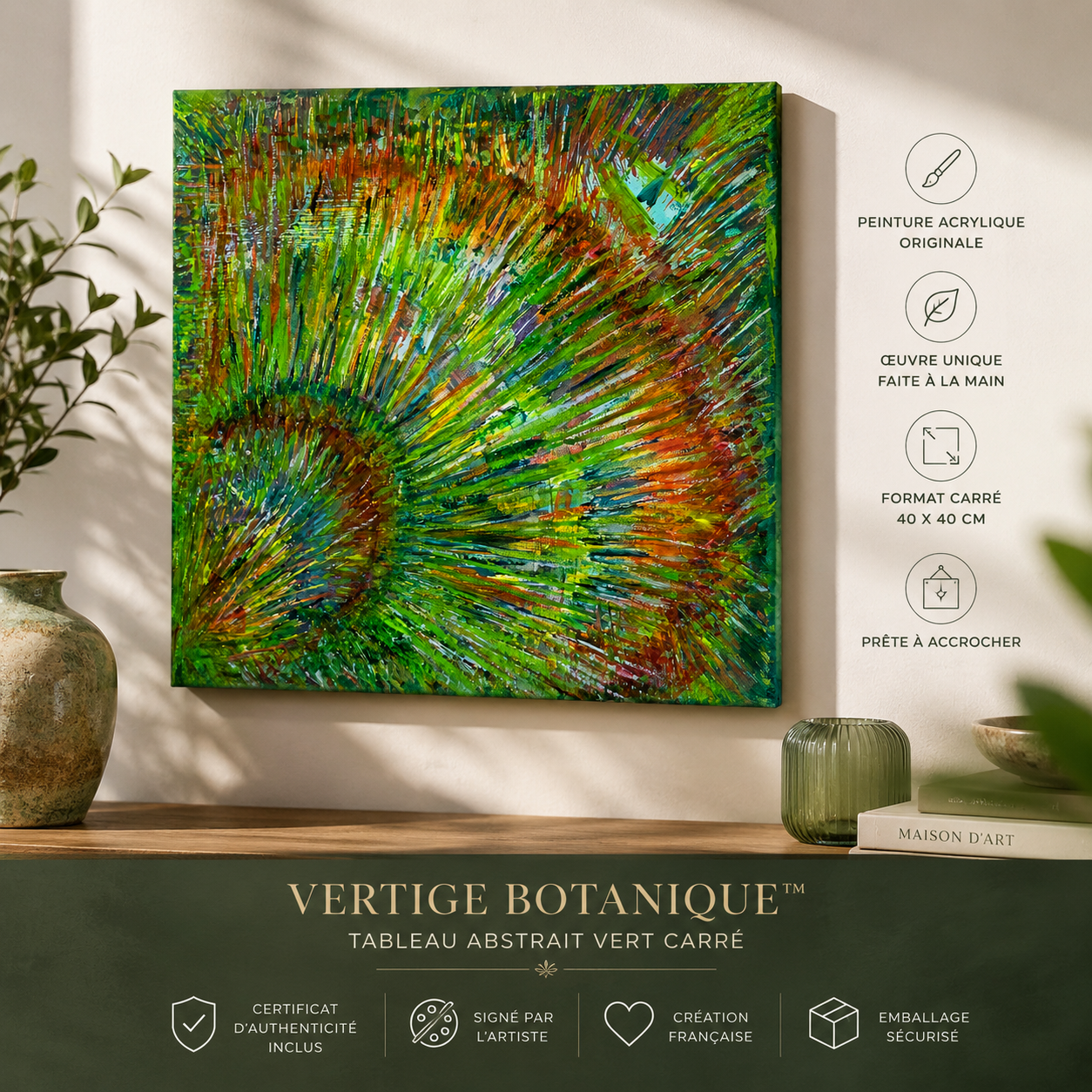 Visuel artistique du tableau abstrait vert carré Vertige Botanique™ avec citation inspirante, œuvre originale contemporaine signée Tiana Bird artiste peintre.