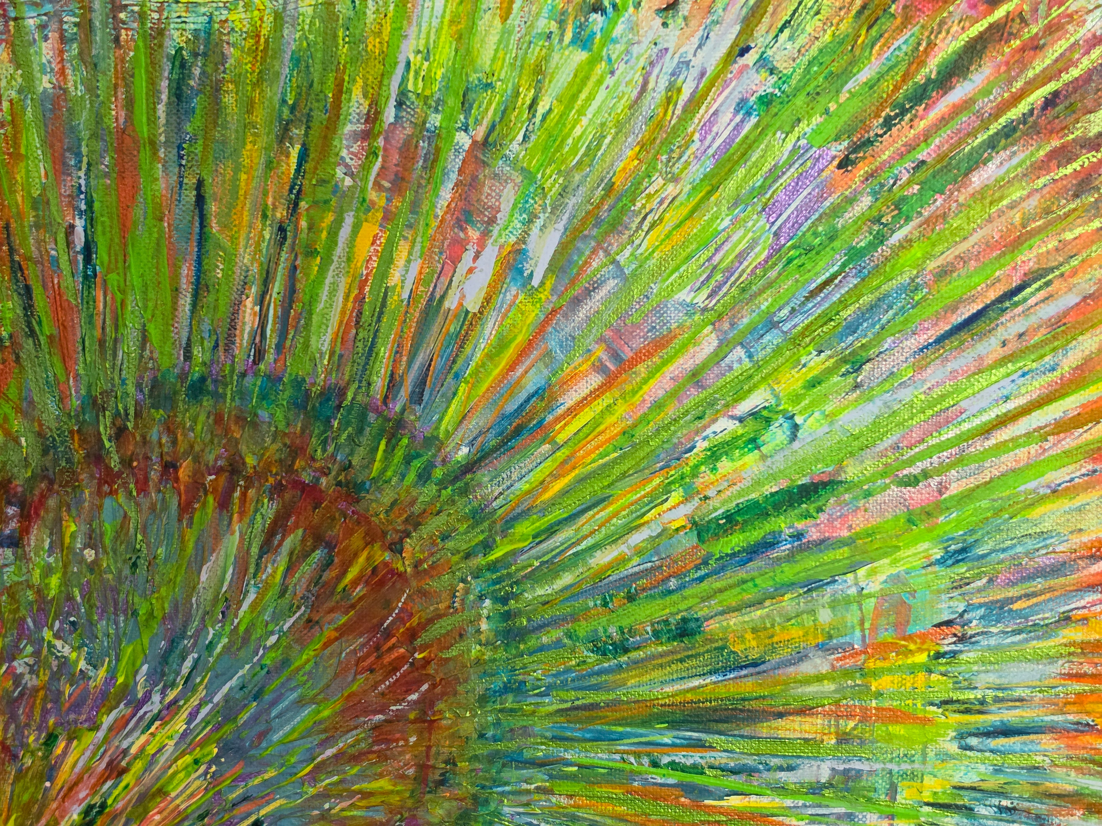 Gros plan sur les détails du tableau abstrait vert carré Vertige Botanique™, révélant les reliefs de peinture acrylique et les nuances de vert, jaune et turquoise.