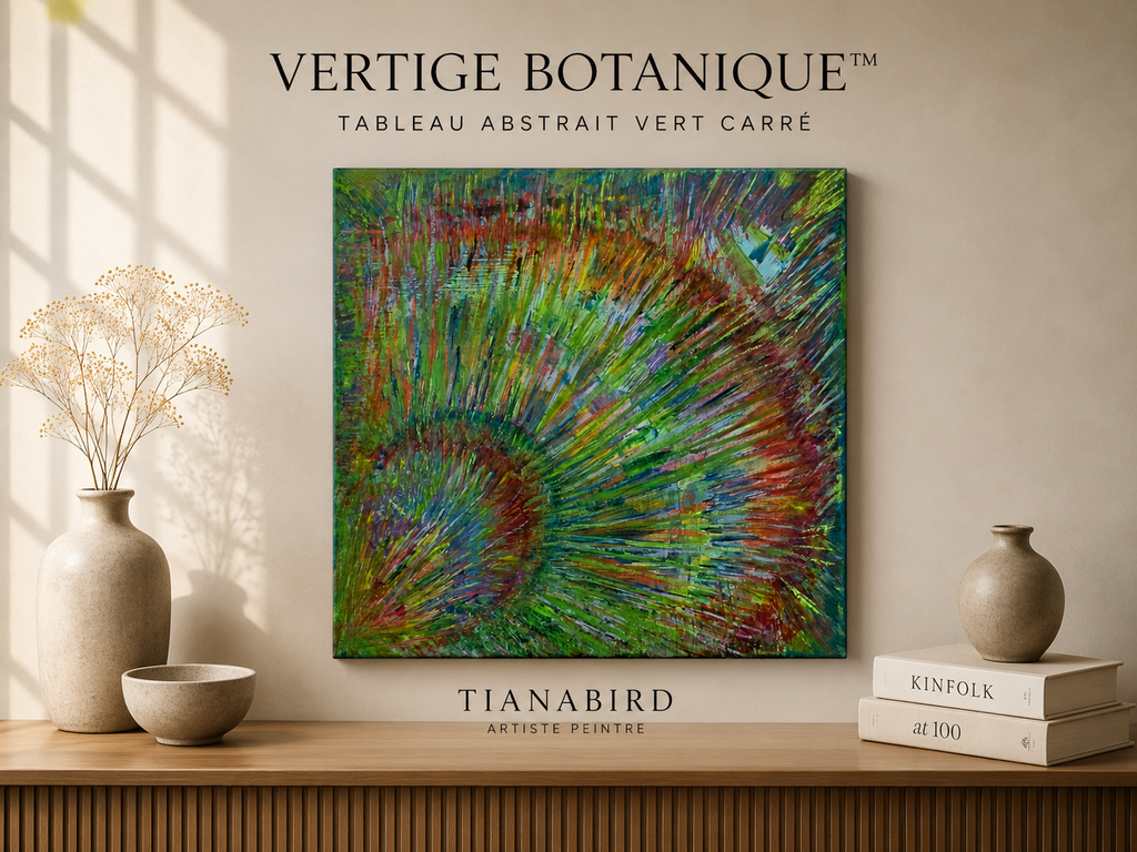 Tableau abstrait vert carré installé dans un salon moderne, œuvre originale aux nuances végétales et mouvements lumineux créant une ambiance apaisante.