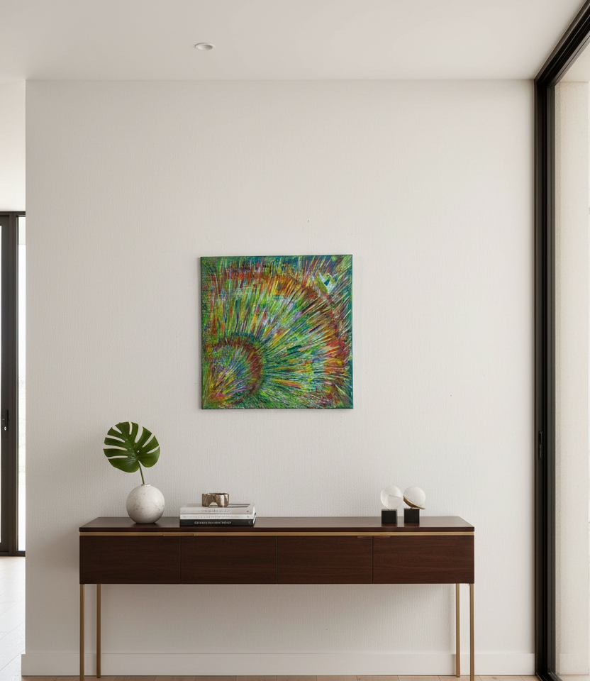 Tableau abstrait vert carré installé dans un salon moderne, œuvre originale aux nuances végétales et mouvements lumineux créant une ambiance apaisante.