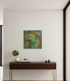 Tableau abstrait vert carré installé dans un salon moderne, œuvre originale aux nuances végétales et mouvements lumineux créant une ambiance apaisante.