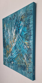 Vue en perspective du tableau abstrait bleu contemporain Souffle Polaire signé Tiana Bird